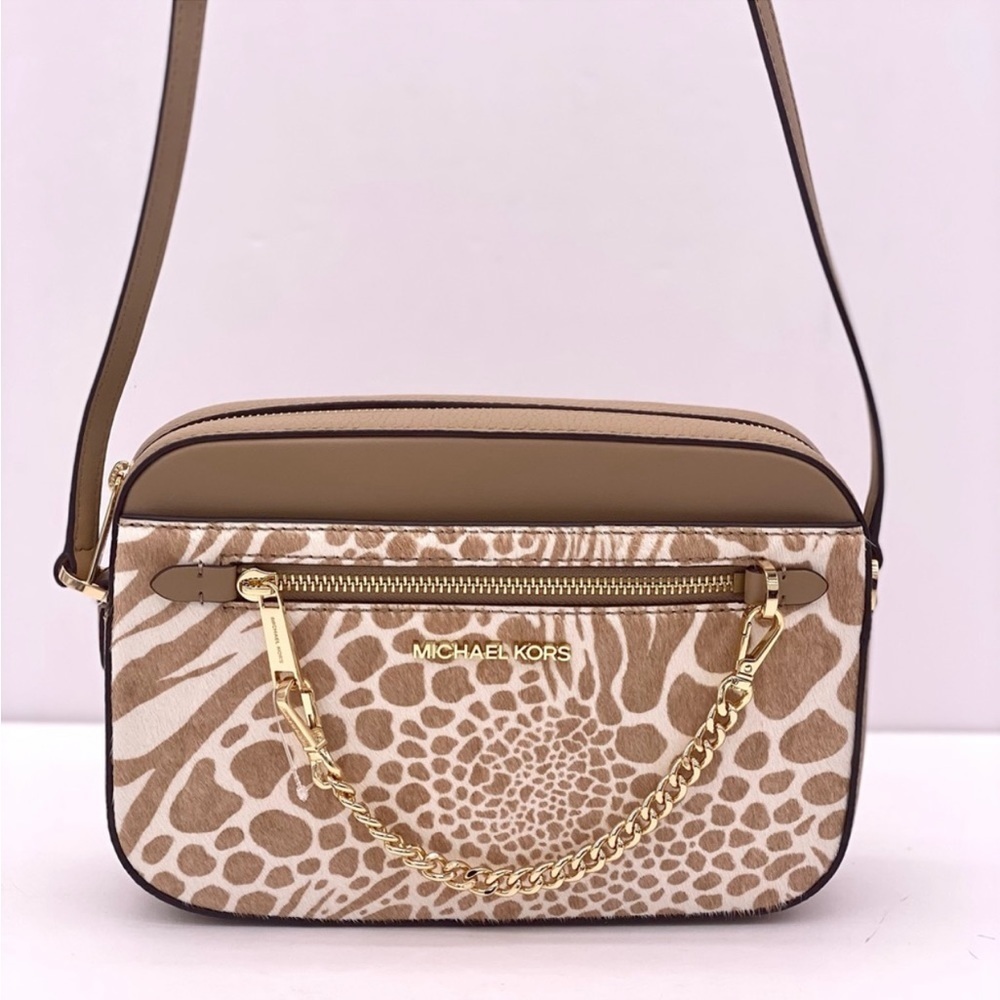 Michael Kors Large EW Zip Chain Crossbody Bag Camel color with real calf hair - Picture 2 of 11